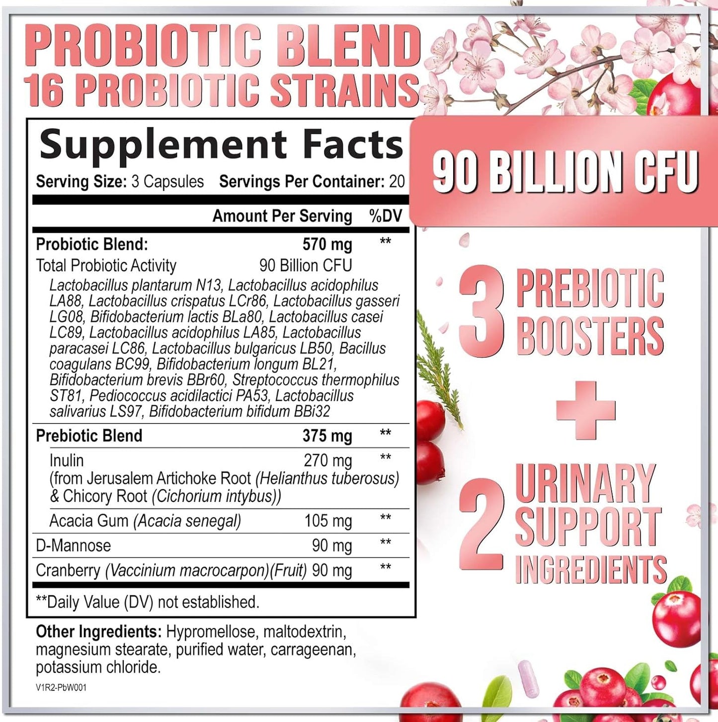 Women's Probiotic Supplement - 90 Billion CFU, 16 Strains with Cranberry & Prebiotics - Feminine PH Balance, Vaginal Health, Immune Support - 60 Capsules