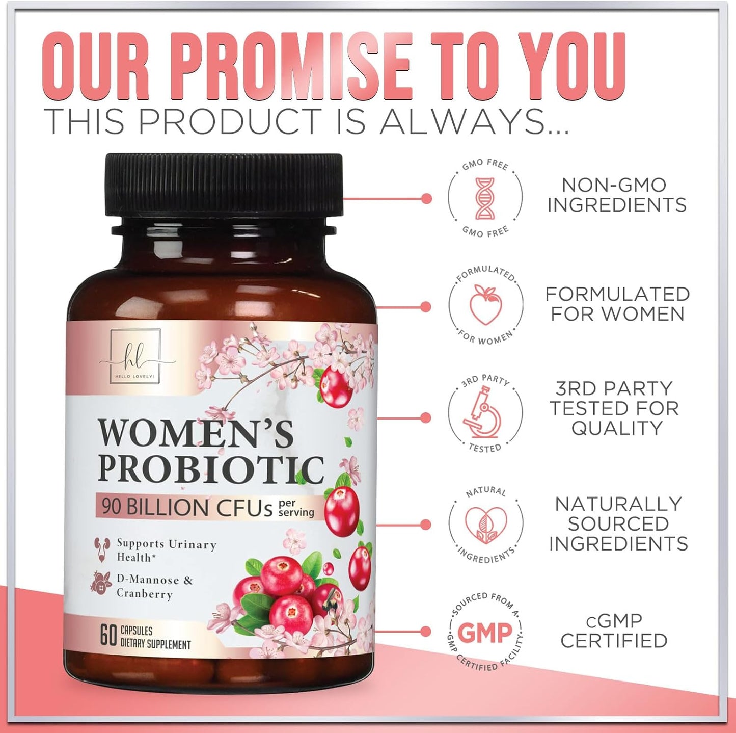 Women's Probiotic Supplement - 90 Billion CFU, 16 Strains with Cranberry & Prebiotics - Feminine PH Balance, Vaginal Health, Immune Support - 60 Capsules
