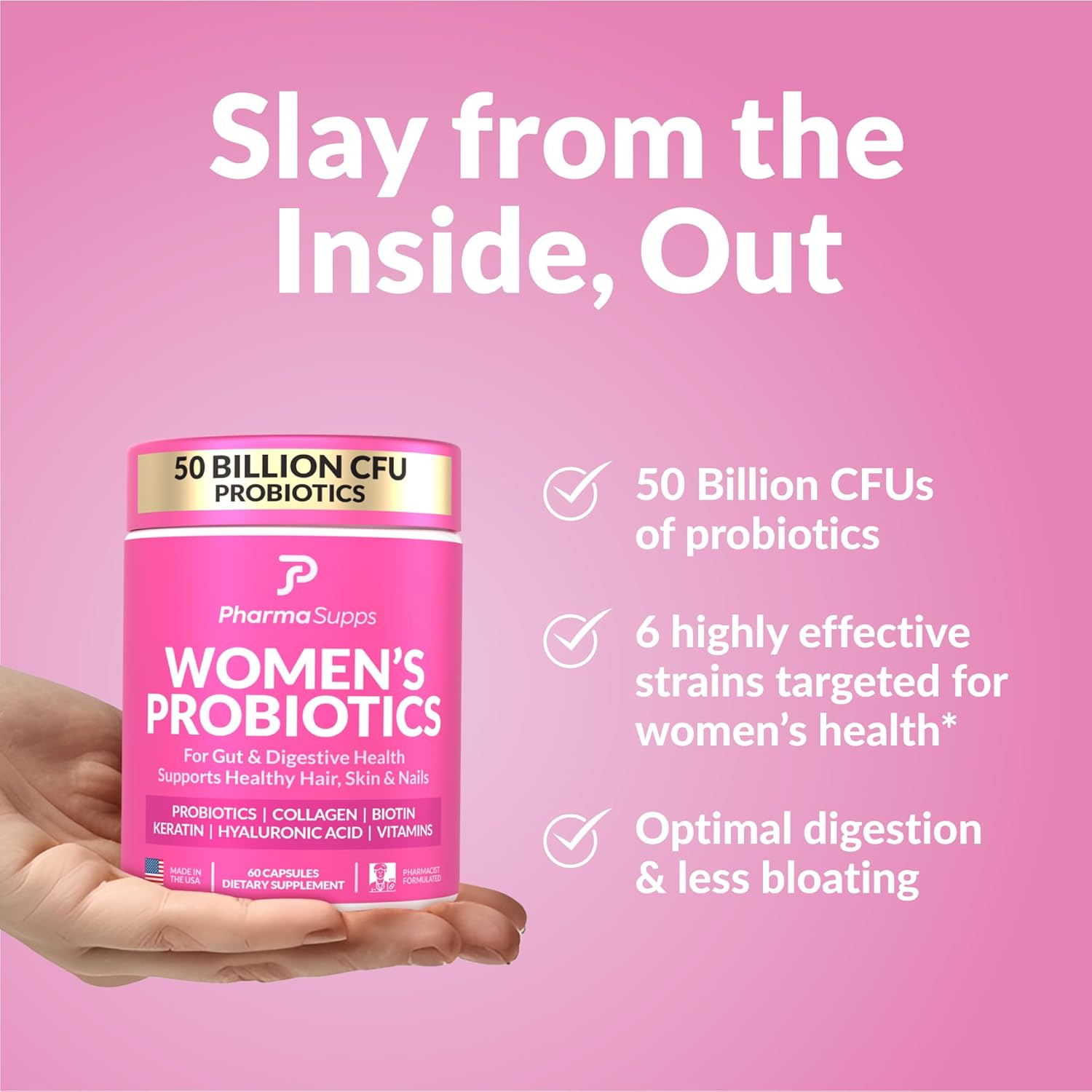 Women's Probiotic Supplement for Gut Health & Beauty - 50 Billion CFU with Collagen, Biotin, Keratin - Digestive Health & Bloating Relief - Made in USA