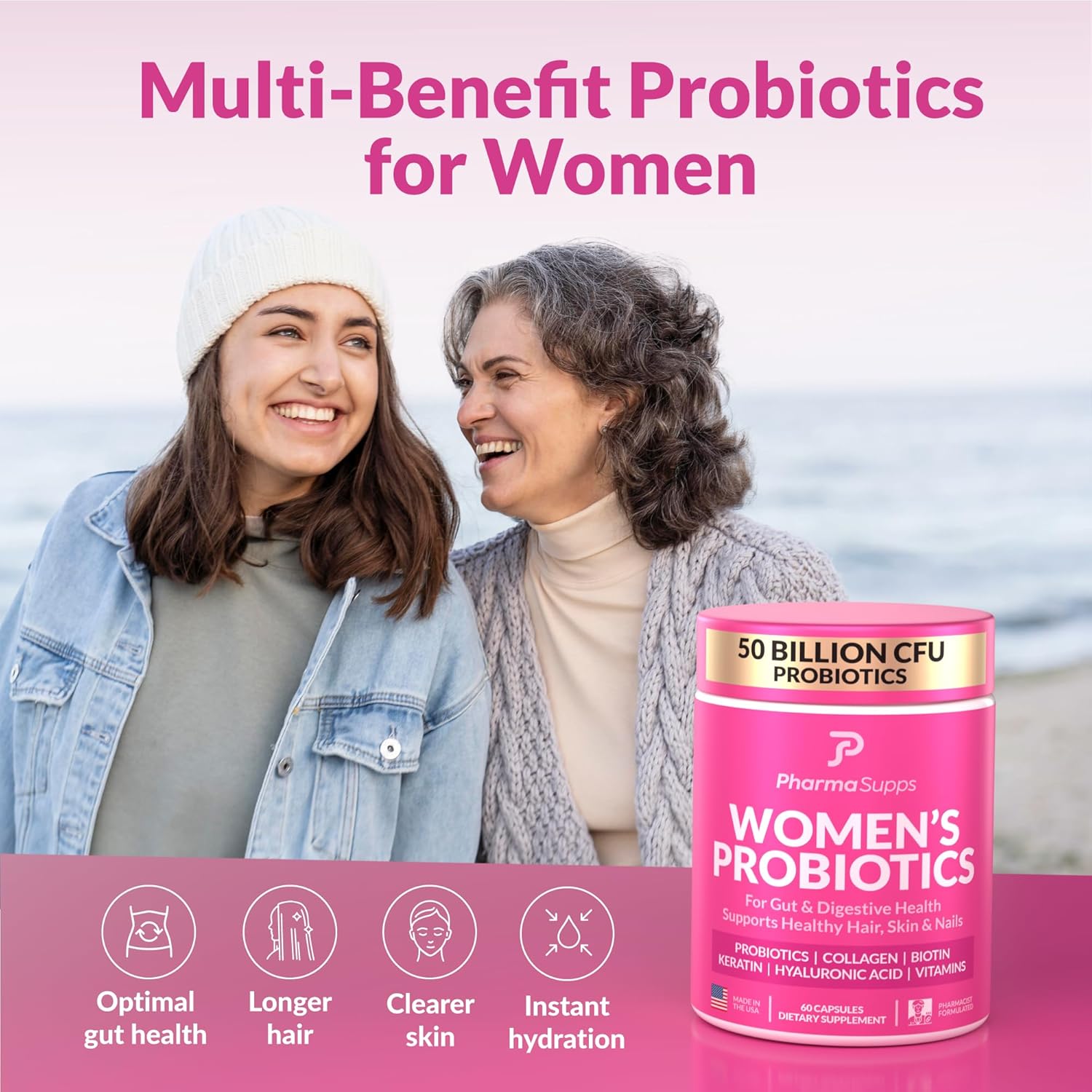 Women's Probiotic Supplement for Gut Health & Beauty - 50 Billion CFU with Collagen, Biotin, Keratin - Digestive Health & Bloating Relief - Made in USA