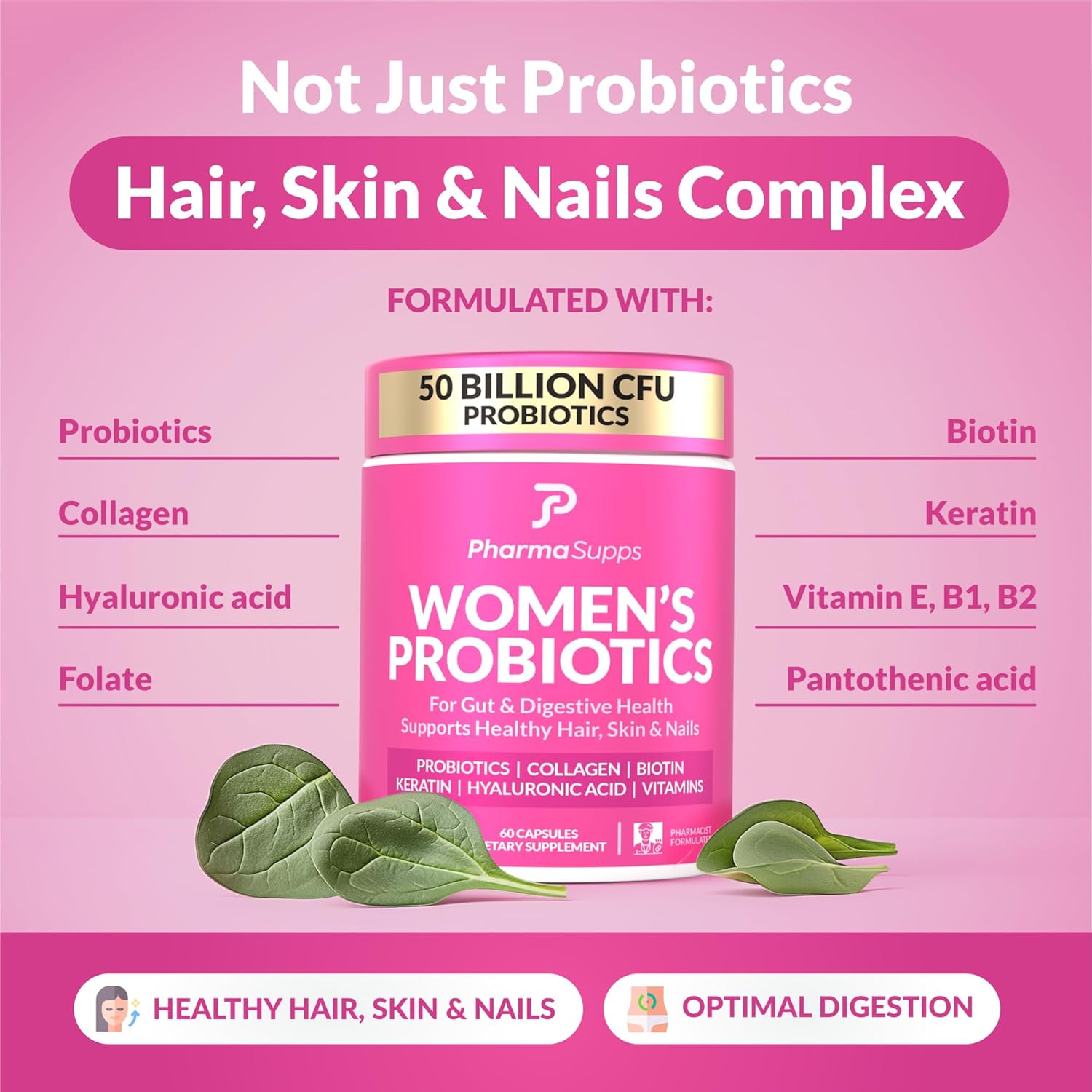 Women's Probiotic Supplement for Gut Health & Beauty - 50 Billion CFU with Collagen, Biotin, Keratin - Digestive Health & Bloating Relief - Made in USA