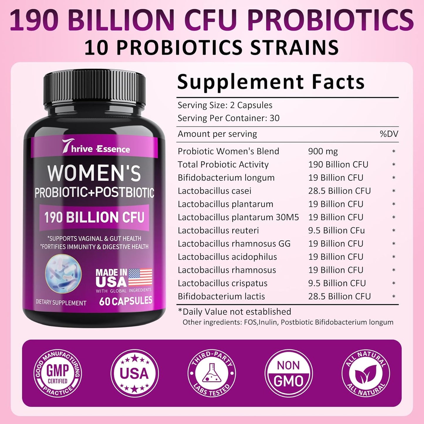 Women's Probiotic Supplement with 190 Billion CFU, 10 Strains, Postbiotics - Immune, Digestive, Gut, Vaginal & Urinary Health - Supports Constipation, Gas & Bloating - 120 Capsules