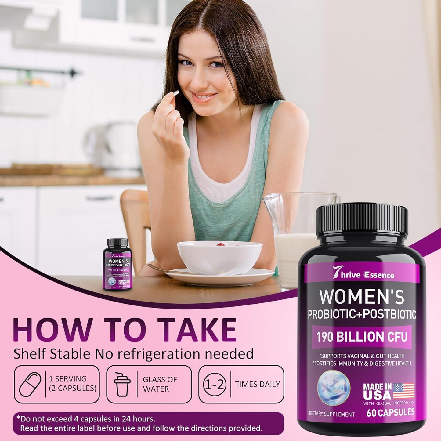 Women's Probiotic Supplement with 190 Billion CFU, 10 Strains, Postbiotics - Immune, Digestive, Gut, Vaginal & Urinary Health - Supports Constipation, Gas & Bloating - 120 Capsules