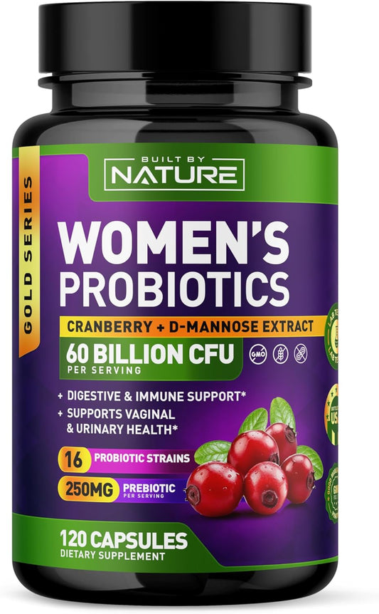 Women's Probiotic Supplement with 60 Billion CFUs, 16 Strains, Cranberry, D-Mannose, & Prebiotics - Digestive, Immune, & Vaginal Health Support - Non-GMO, Dairy & Gluten-Free - 120 Capsules