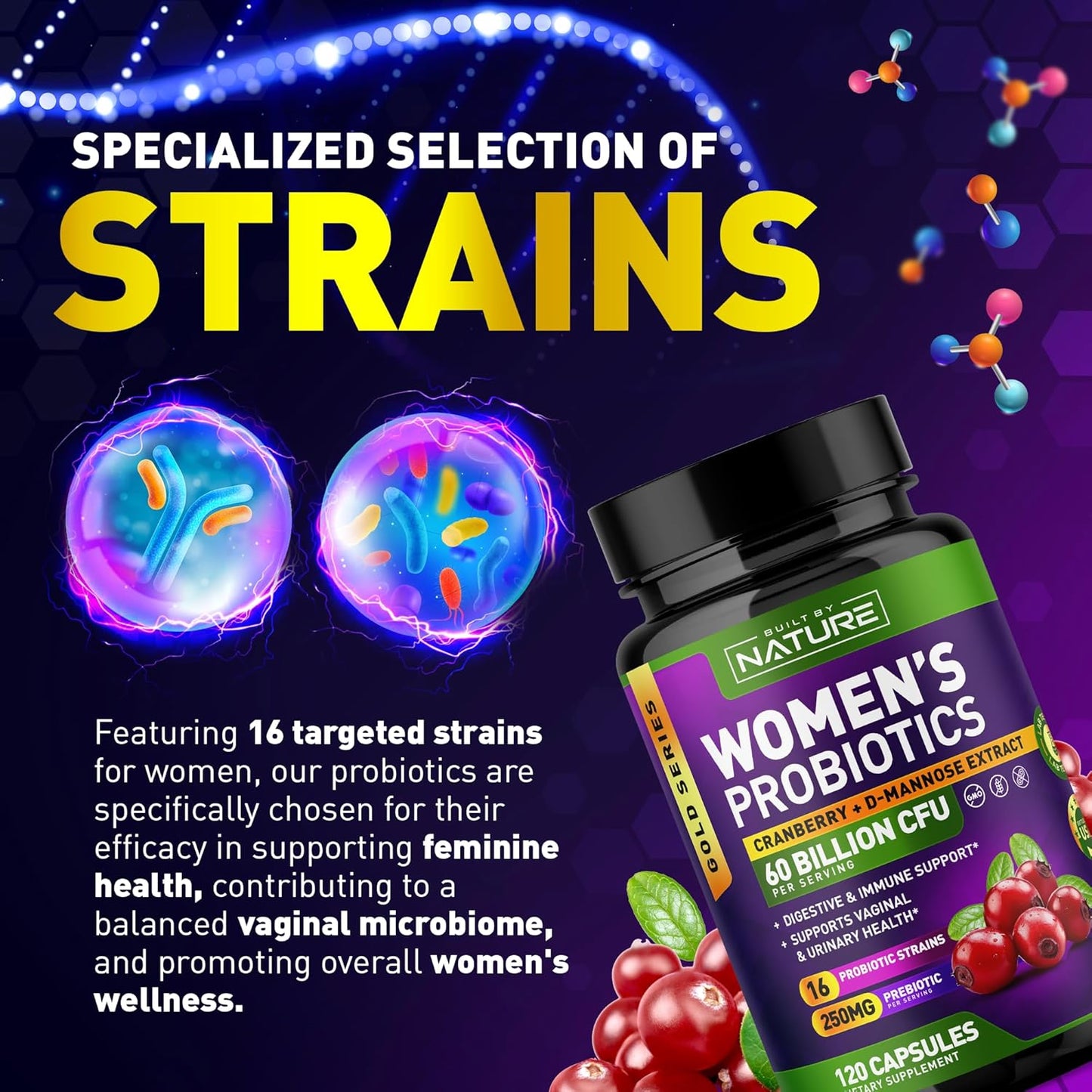 Women's Probiotic Supplement with 60 Billion CFUs, 16 Strains, Cranberry, D-Mannose, & Prebiotics - Digestive, Immune, & Vaginal Health Support - Non-GMO, Dairy & Gluten-Free - 120 Capsules