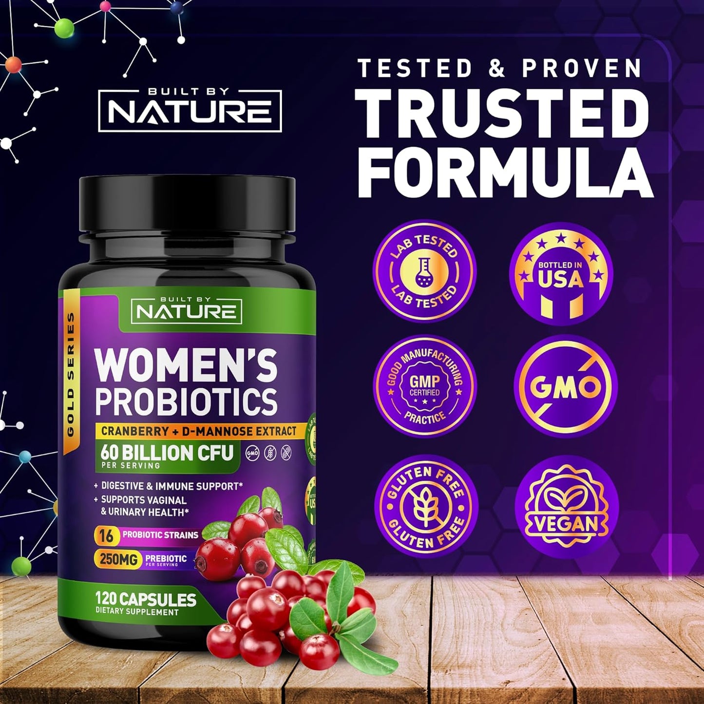 Women's Probiotic Supplement with 60 Billion CFUs, 16 Strains, Cranberry, D-Mannose, & Prebiotics - Digestive, Immune, & Vaginal Health Support - Non-GMO, Dairy & Gluten-Free - 120 Capsules