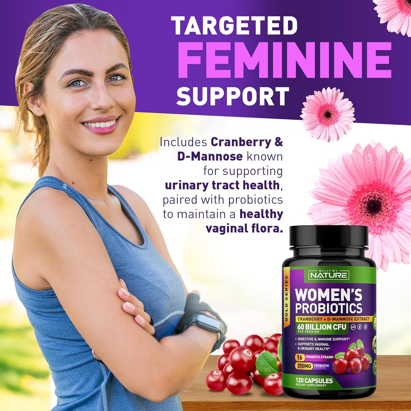 Women's Probiotic Supplement with 60 Billion CFUs, 16 Strains, Cranberry, D-Mannose, & Prebiotics - Digestive, Immune, & Vaginal Health Support - Non-GMO, Dairy & Gluten-Free - 120 Capsules
