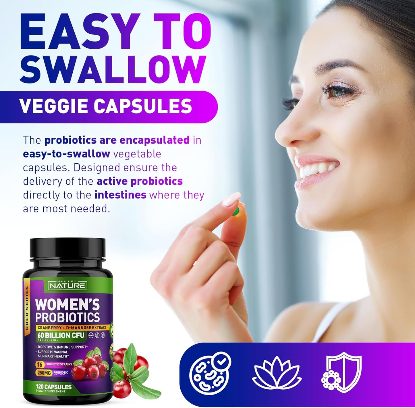 Women's Probiotic Supplement with 60 Billion CFUs, 16 Strains, Cranberry, D-Mannose, & Prebiotics - Digestive, Immune, & Vaginal Health Support - Non-GMO, Dairy & Gluten-Free - 120 Capsules