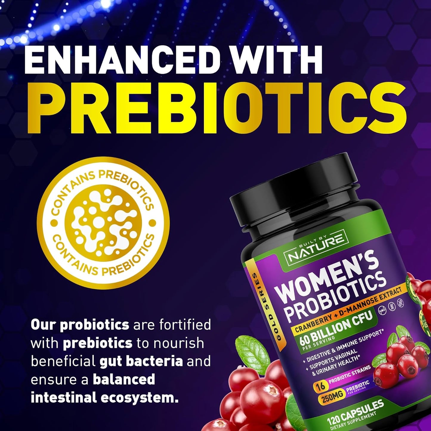 Women's Probiotic Supplement with 60 Billion CFUs, 16 Strains, Cranberry, D-Mannose, & Prebiotics - Digestive, Immune, & Vaginal Health Support - Non-GMO, Dairy & Gluten-Free - 120 Capsules