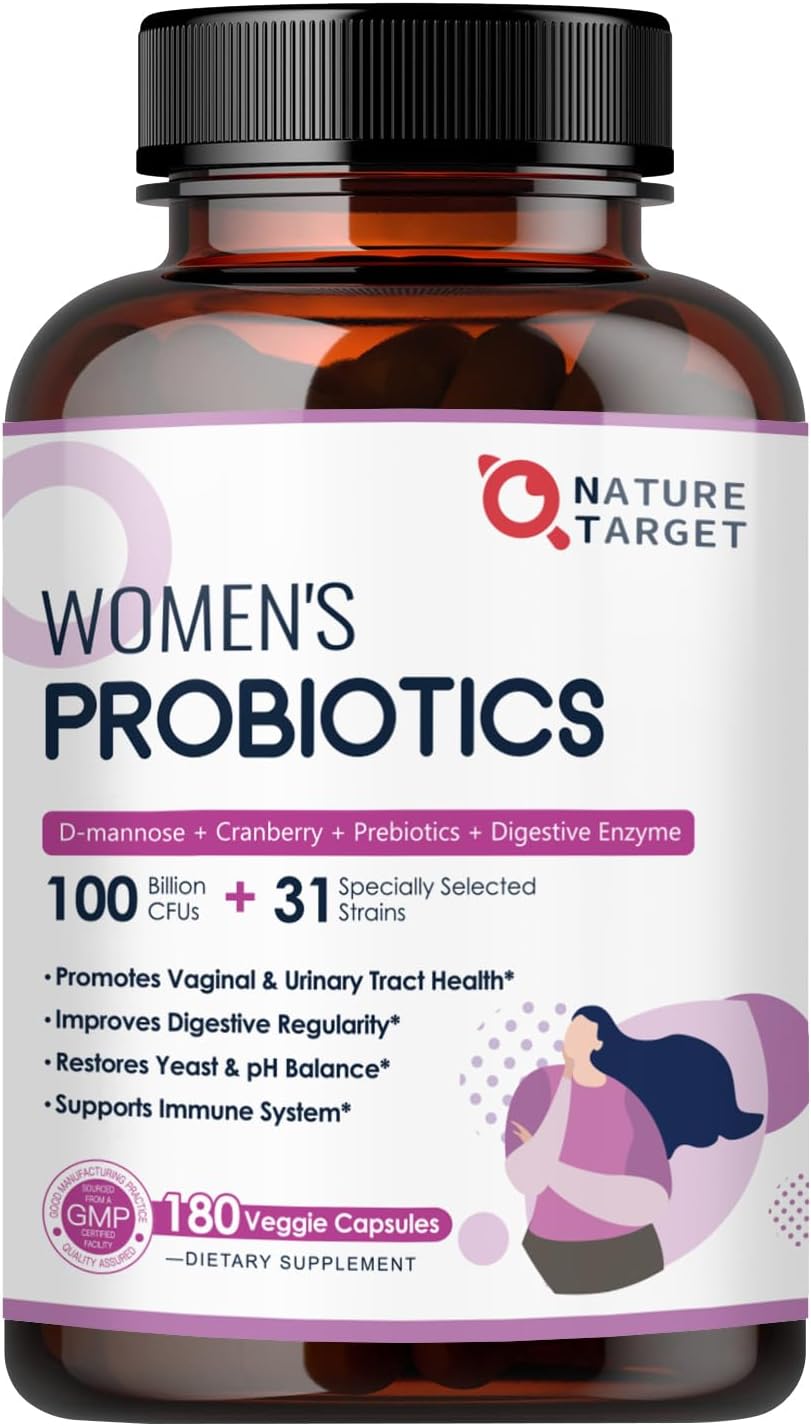 Women's Probiotic with 100 Billion CFUs, Digestive Enzymes, Prebiotics, Cranberry - 180 Capsules