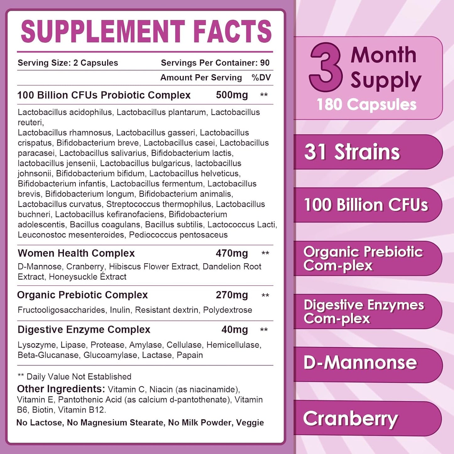 Women's Probiotic with 100 Billion CFUs, Digestive Enzymes, Prebiotics, Cranberry - 180 Capsules