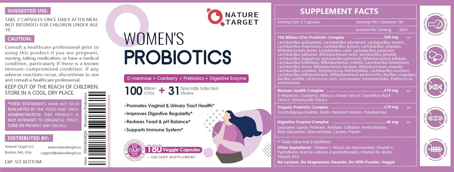 Women's Probiotic with 100 Billion CFUs, Digestive Enzymes, Prebiotics, Cranberry - 180 Capsules