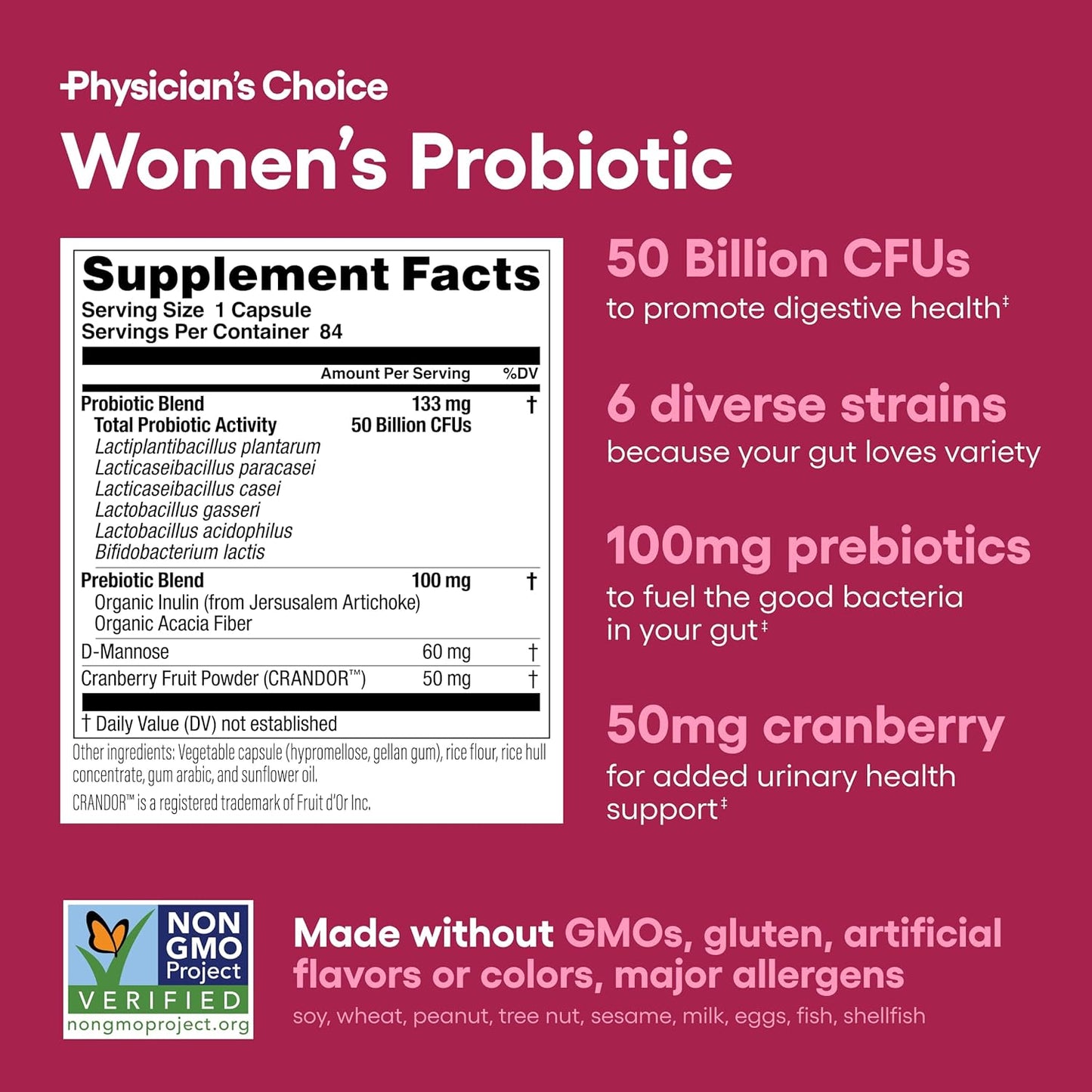 Women's Probiotic with 50 Billion CFU, 6 Strains, Organic Prebiotics, and Cranberry Extract - Physician's Choice - 84 CT
