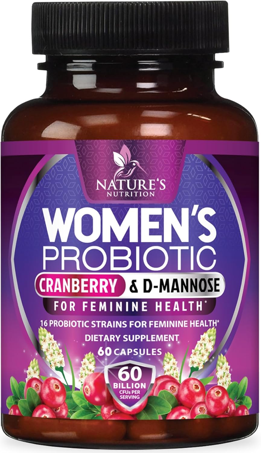 Women's Probiotic with 60 Billion CFU, 16 Strains, Prebiotics, Cranberry - 60 Capsules for Digestive & Vaginal Health