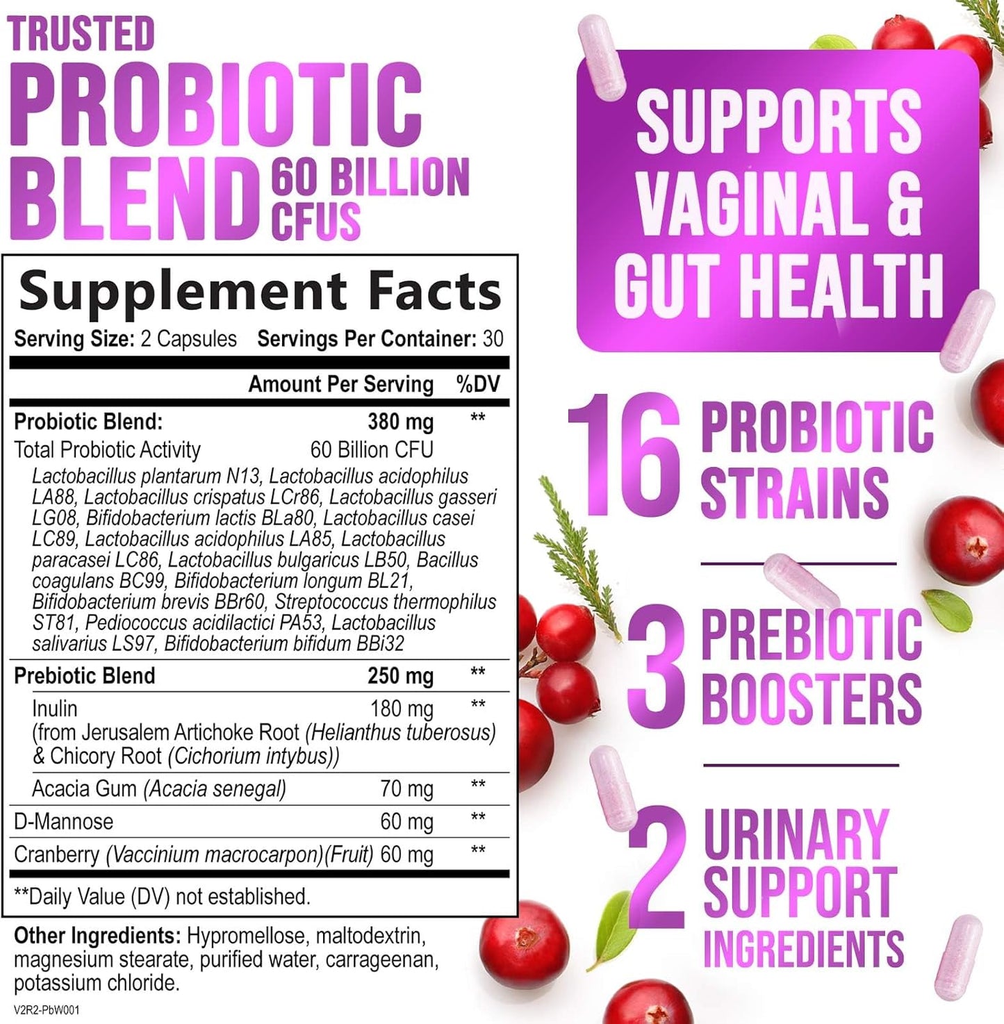 Women's Probiotic with 60 Billion CFU, 16 Strains, Prebiotics, Cranberry - 60 Capsules for Digestive & Vaginal Health