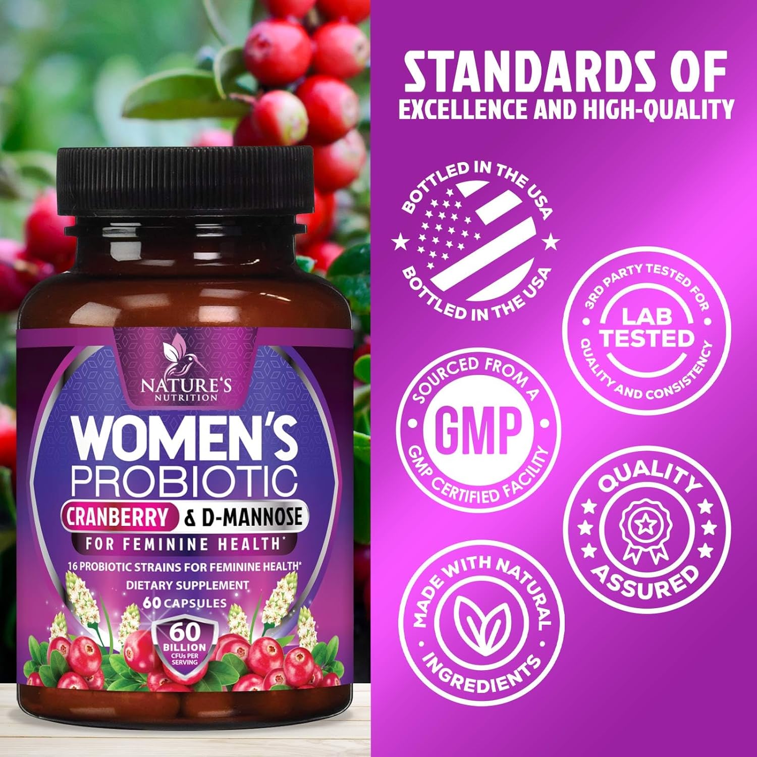 Women's Probiotic with 60 Billion CFU, 16 Strains, Prebiotics, Cranberry - 60 Capsules for Digestive & Vaginal Health