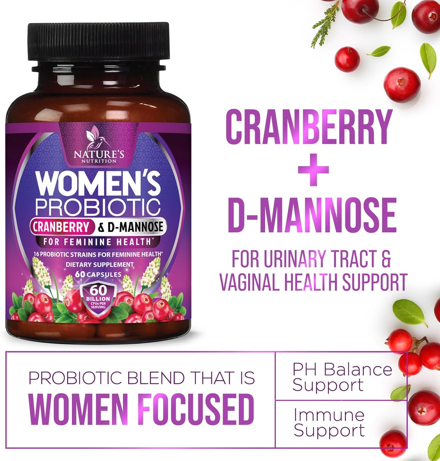 Women's Probiotic with 60 Billion CFU, 16 Strains, Prebiotics, Cranberry - 60 Capsules for Digestive & Vaginal Health