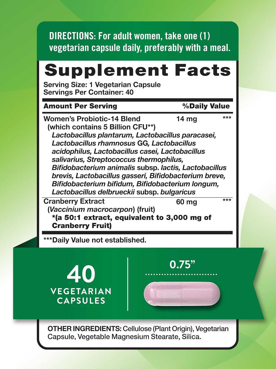 Women's Probiotic with Cranberry - 5 Billion CFUs | 40 Vegetarian Capsules | Non-GMO & Gluten Free - No Refrigeration
