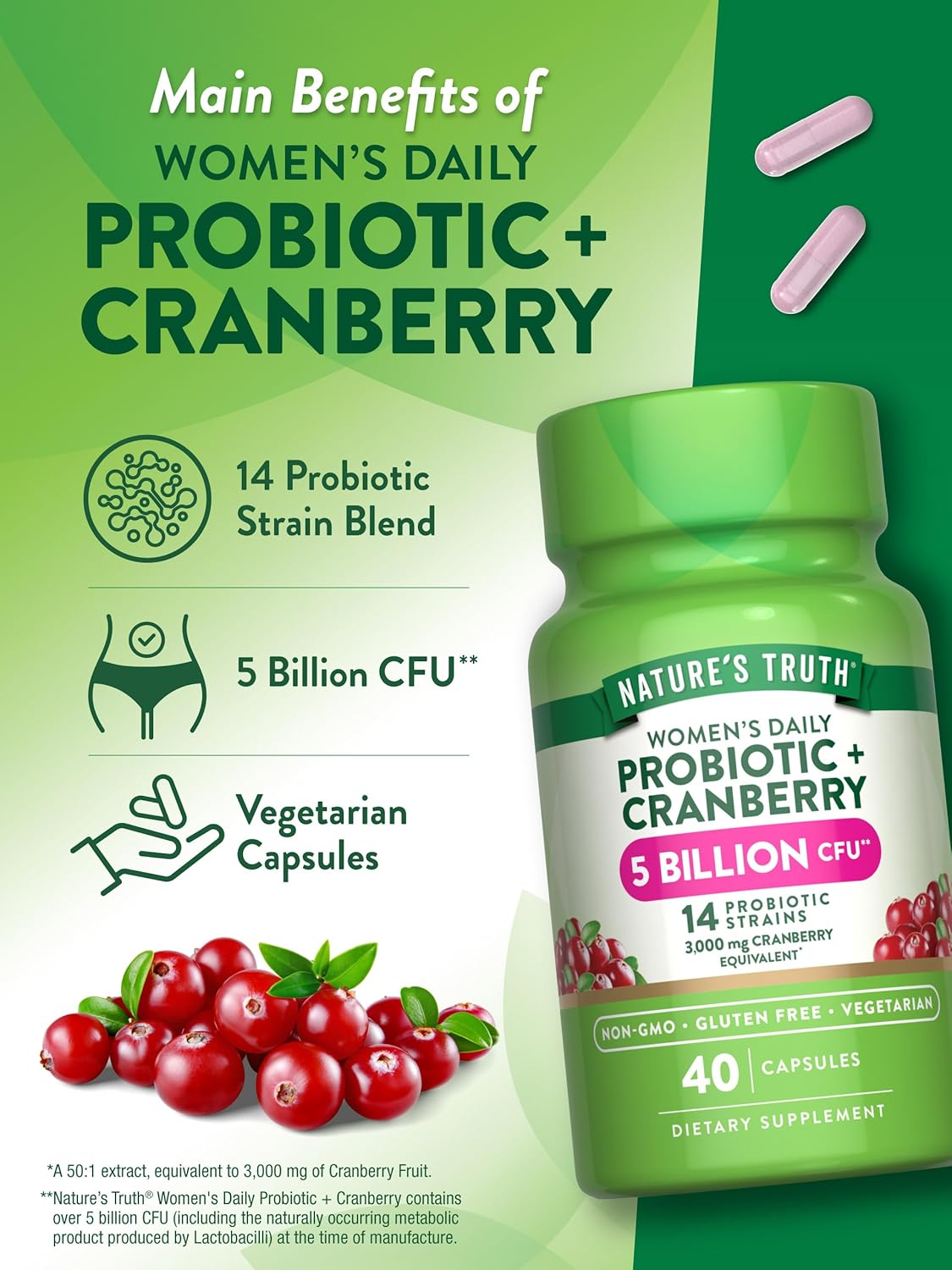 Women's Probiotic with Cranberry - 5 Billion CFUs | 40 Vegetarian Capsules | Non-GMO & Gluten Free - No Refrigeration