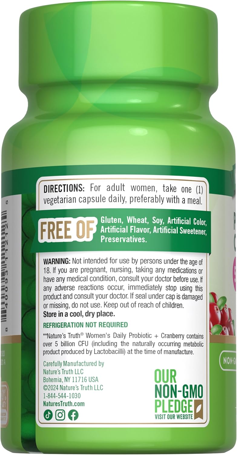 Women's Probiotic with Cranberry - 5 Billion CFUs | 40 Vegetarian Capsules | Non-GMO & Gluten Free - No Refrigeration