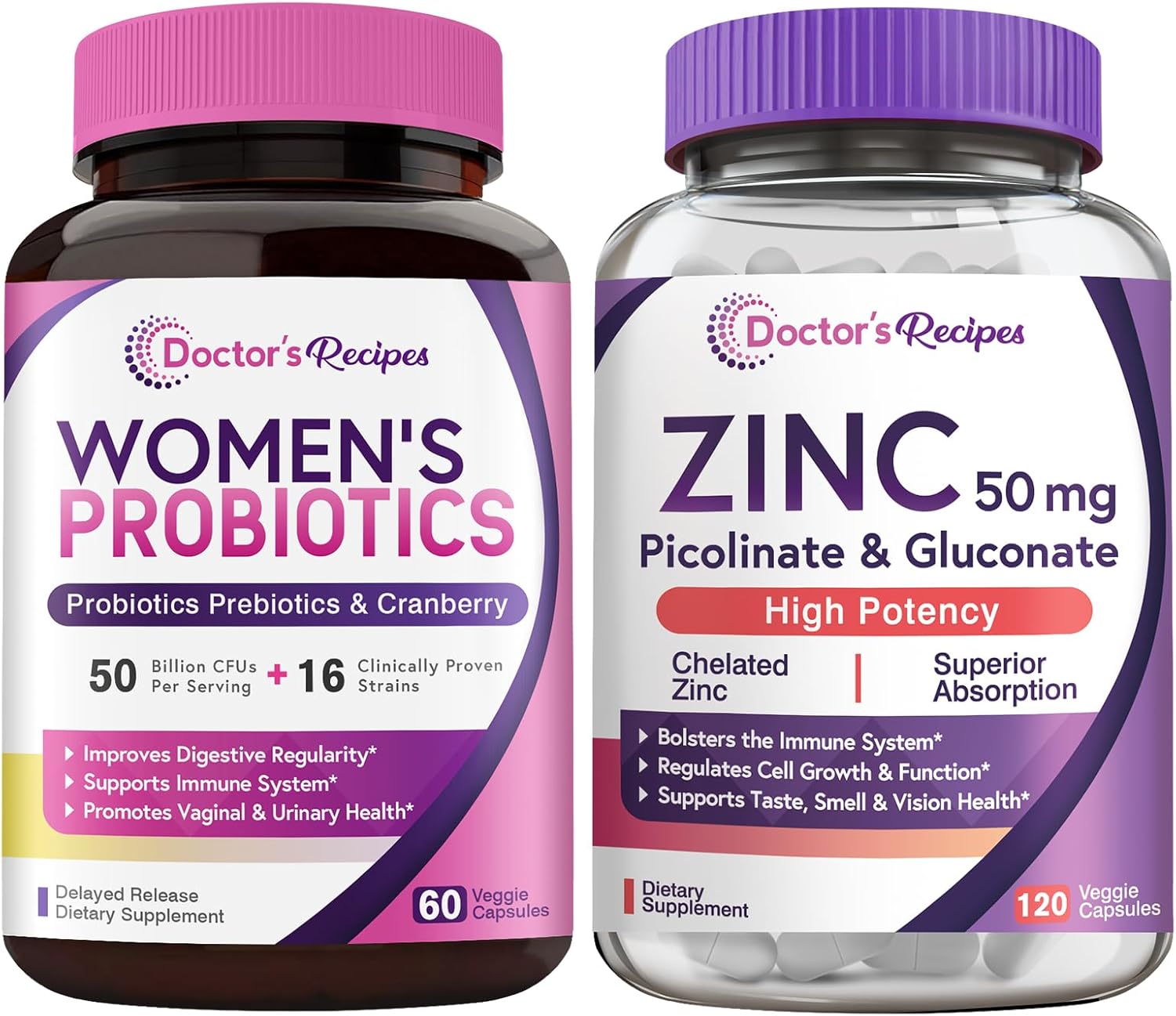 Women's Probiotic & Zinc Bundle for Digestive, Vaginal, & Urinary Health - Immune Defense & Delayed Release - 60 Probiotic Capsules & 120 Zinc Capsules