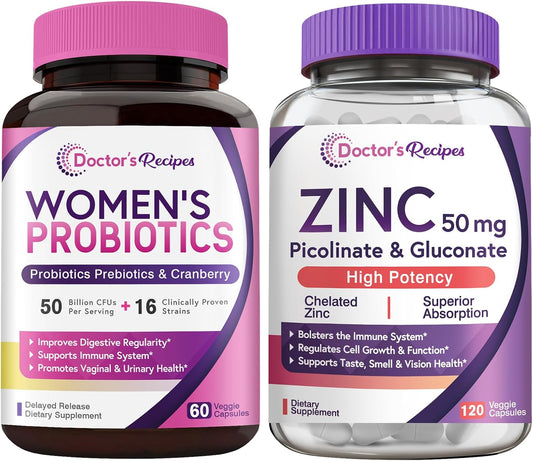 Women's Probiotic & Zinc Bundle for Digestive, Vaginal, & Urinary Health - Immune Defense & Delayed Release - 60 Probiotic Capsules & 120 Zinc Capsules