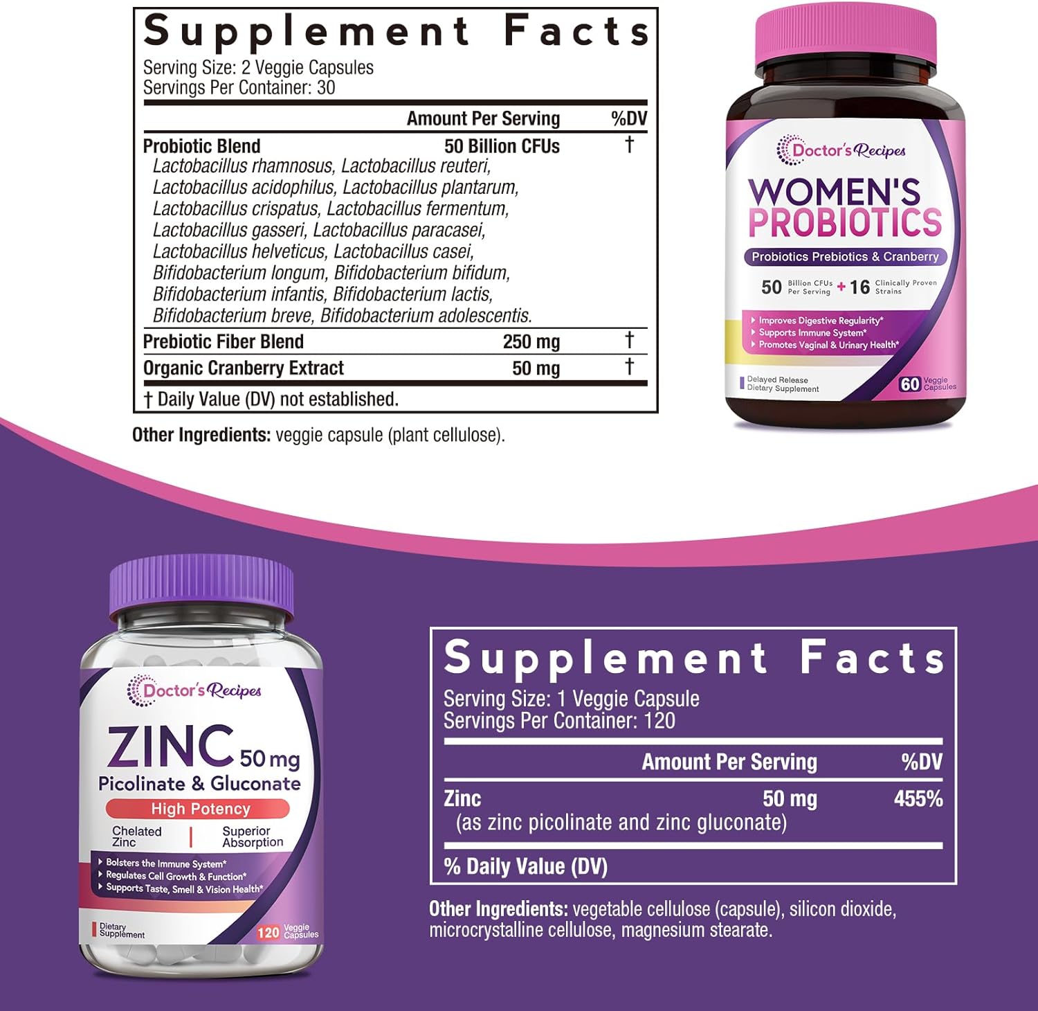 Women's Probiotic & Zinc Bundle for Digestive, Vaginal, & Urinary Health - Immune Defense & Delayed Release - 60 Probiotic Capsules & 120 Zinc Capsules