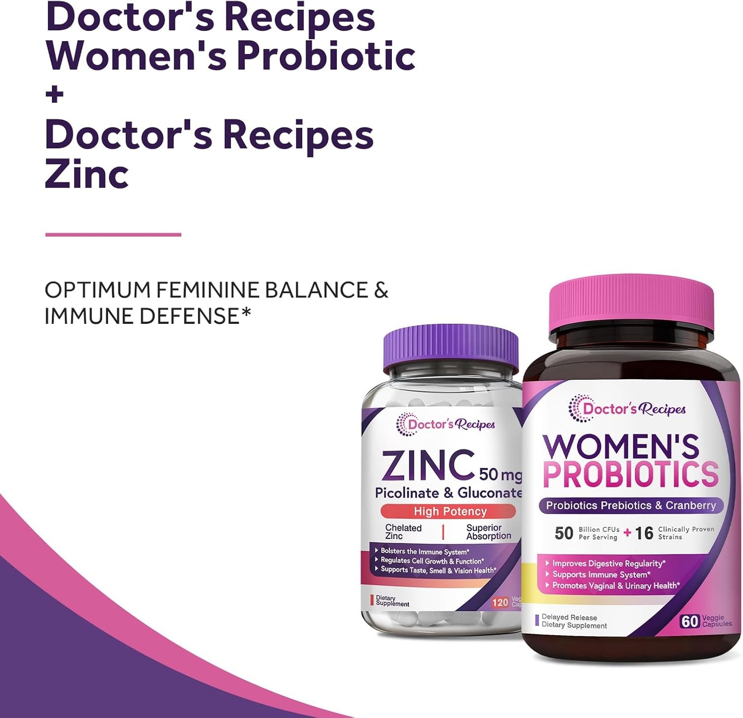 Women's Probiotic & Zinc Bundle for Digestive, Vaginal, & Urinary Health - Immune Defense & Delayed Release - 60 Probiotic Capsules & 120 Zinc Capsules