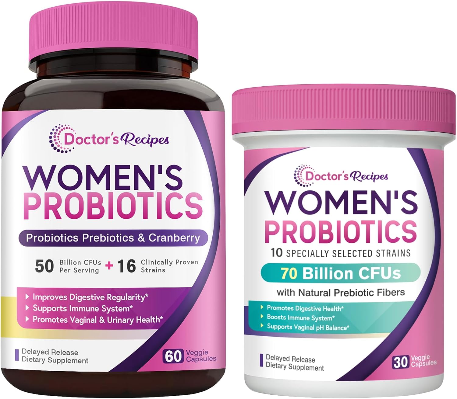 Women's Probiotics Bundle for Feminine Health & GI Support - Doctor's Recipes, Gluten-Free, 50 Billion & 70 Billion CFUs