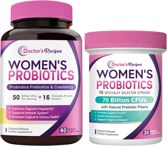 Women's Probiotics Bundle for Feminine Health & GI Support - Doctor's Recipes, Gluten-Free, 50 Billion & 70 Billion CFUs