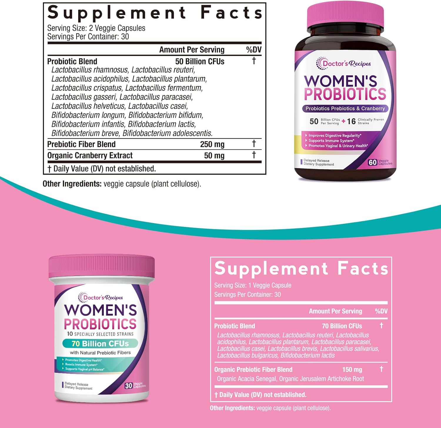 Women's Probiotics Bundle for Feminine Health & GI Support - Doctor's Recipes, Gluten-Free, 50 Billion & 70 Billion CFUs