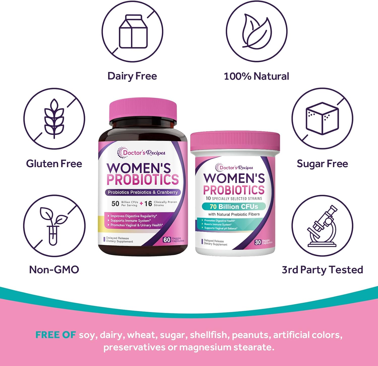 Women's Probiotics Bundle for Feminine Health & GI Support - Doctor's Recipes, Gluten-Free, 50 Billion & 70 Billion CFUs