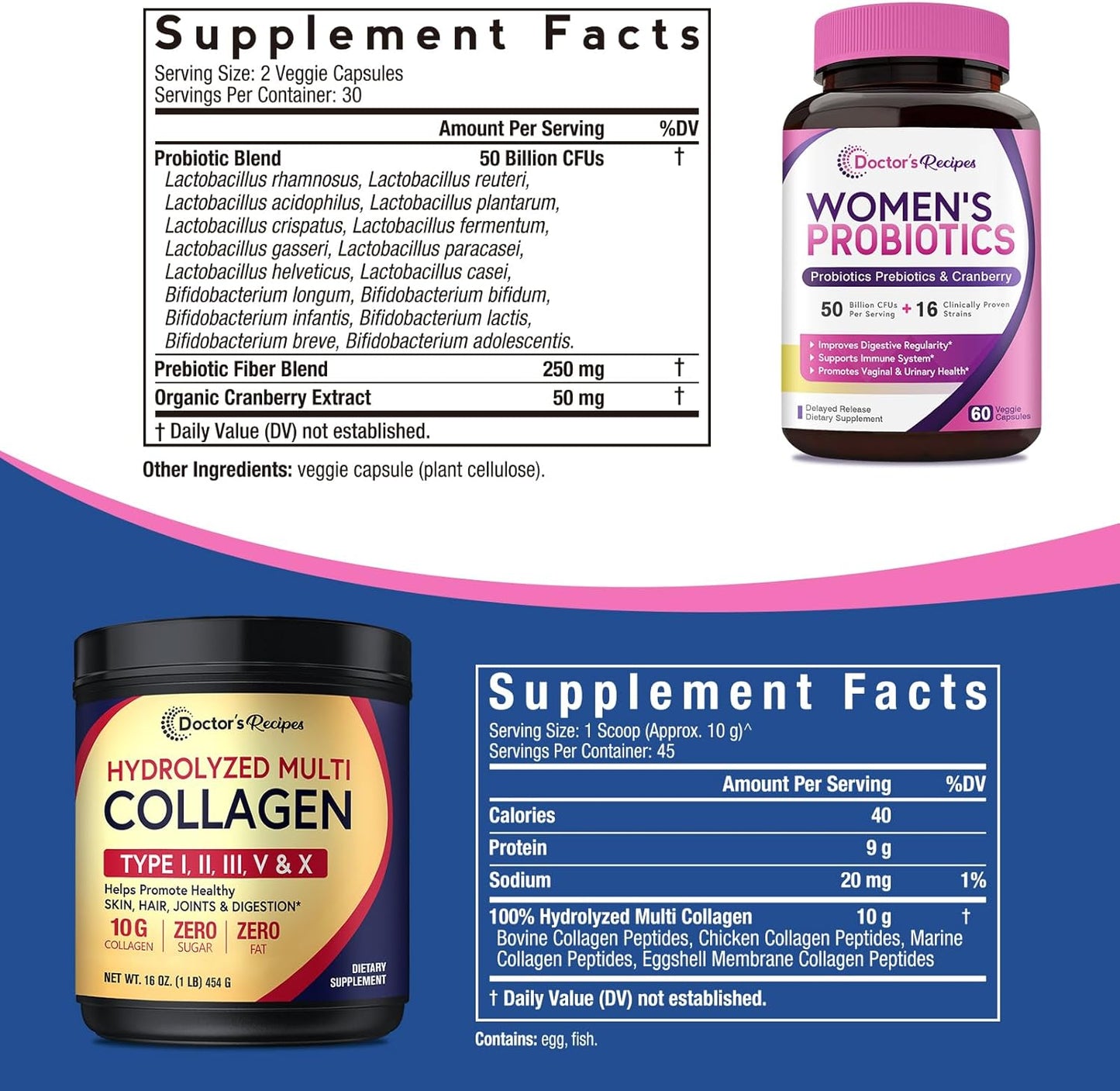 Women’s Probiotics & Collagen Bundle for Vaginal, Skin, Hair, Nail Health - Doctor's Recipes Value Pack, Gluten-Free (60 Capsules + 45 Servings)