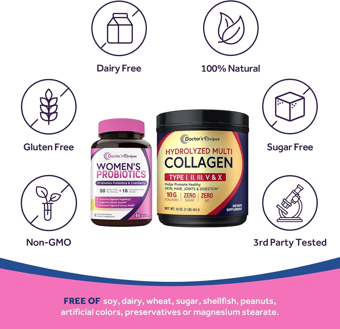 Women’s Probiotics & Collagen Bundle for Vaginal, Skin, Hair, Nail Health - Doctor's Recipes Value Pack, Gluten-Free (60 Capsules + 45 Servings)