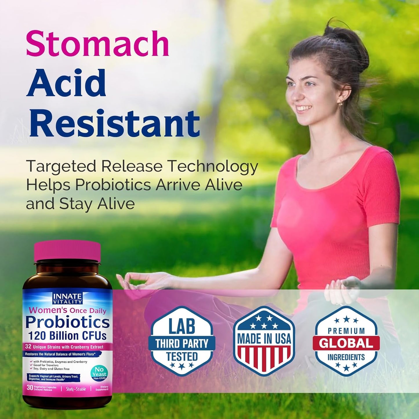 Women's Probiotics with 120 Billion CFU, 32 Strains, Yeast Control, Vaginal pH Support, Prebiotics, Digestive Enzymes, Cranberry - 30 Capsules