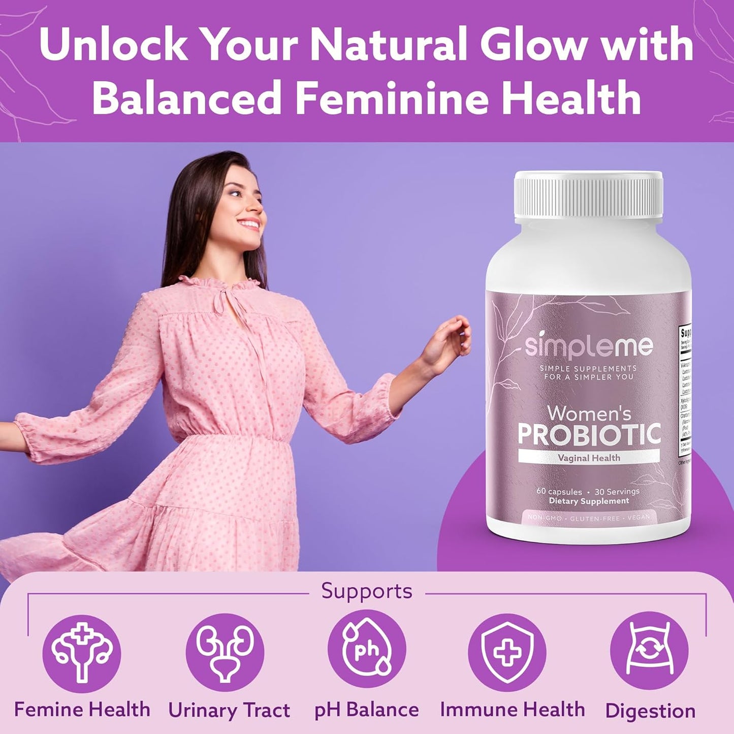 Women's Probiotics with Prebiotics and Cranberry for Vaginal and Gut Health - 60 Capsules for pH Balance, UTI Prevention, and Wellness