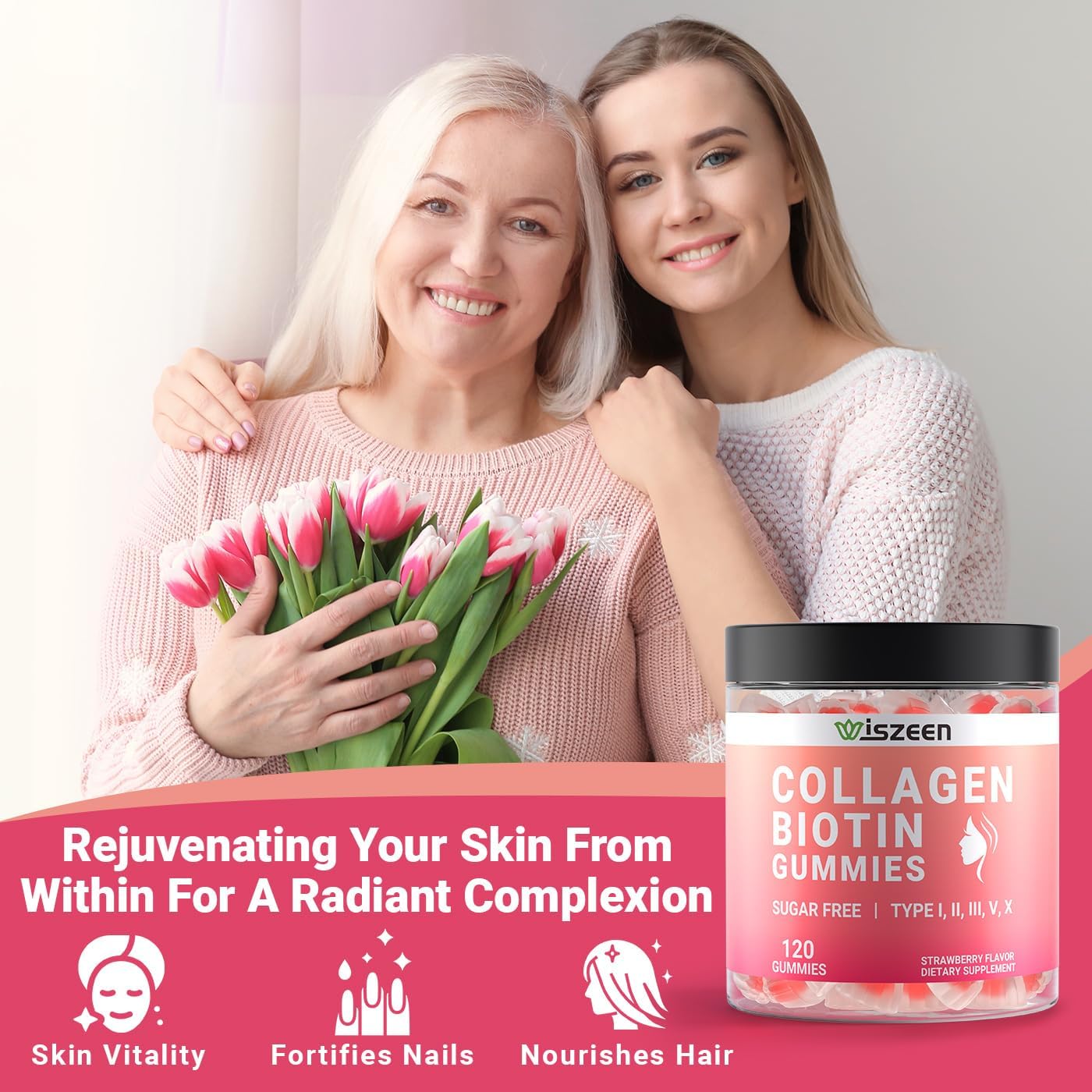 Women's Sugar-Free Collagen Gummies with Biotin, Vitamins, and Hydrolyzed Peptides for Hair, Skin, Nails, Joints, and Immunity