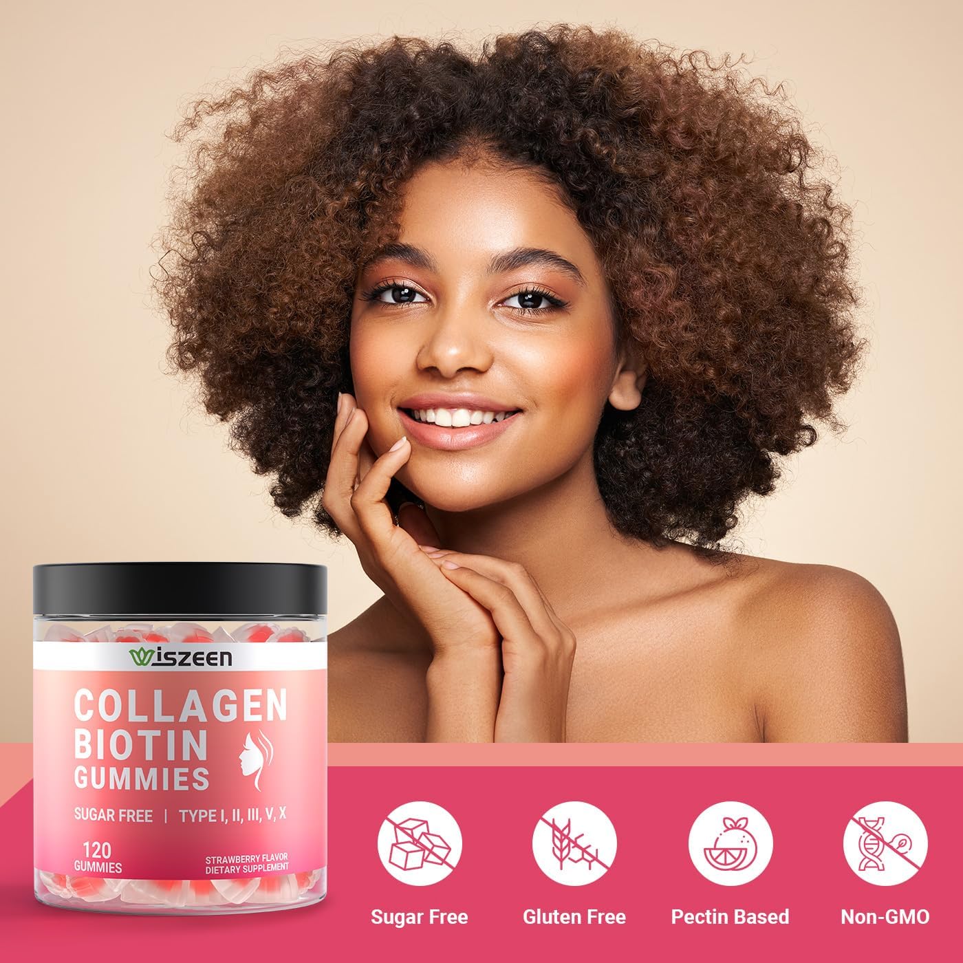 Women's Sugar-Free Collagen Gummies with Biotin, Vitamins, and Hydrolyzed Peptides for Hair, Skin, Nails, Joints, and Immunity