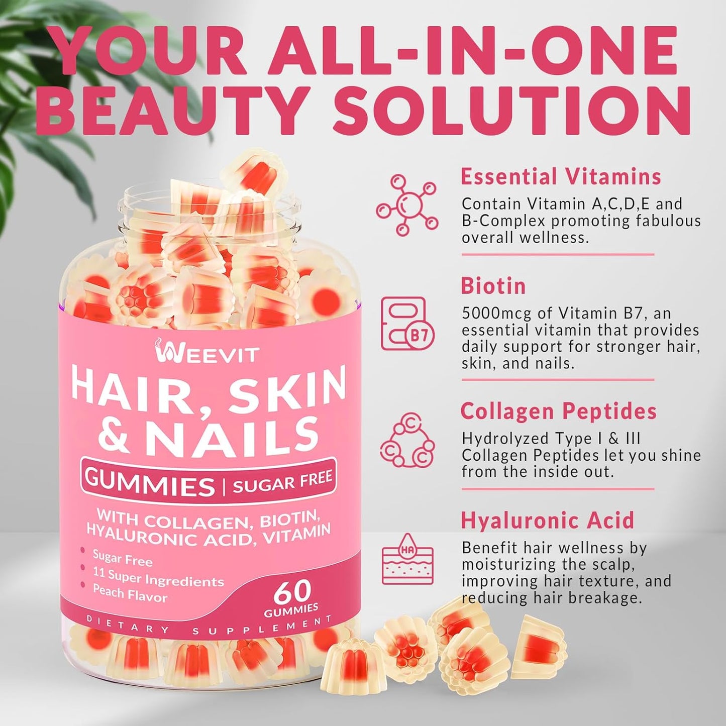 Women's Sugar-Free Hair, Skin, and Nails Vitamins with Biotin, Hyaluronic Acid, Collagen, and Vitamins E&C for Growth and Radiance. - BoostGo Australia
