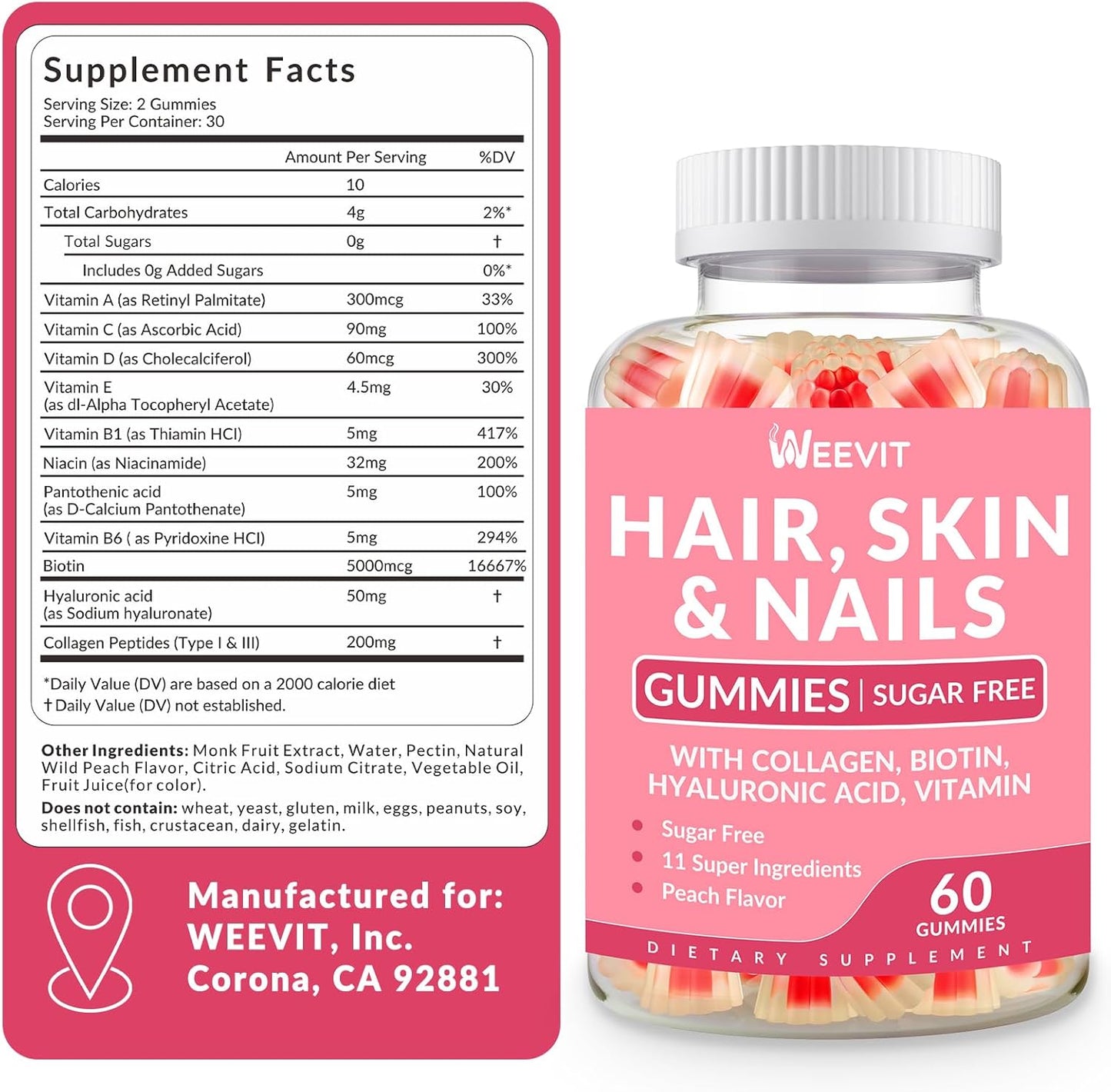Women's Sugar-Free Hair, Skin, and Nails Vitamins with Biotin, Hyaluronic Acid, Collagen, and Vitamins E&C for Growth and Radiance. - BoostGo Australia