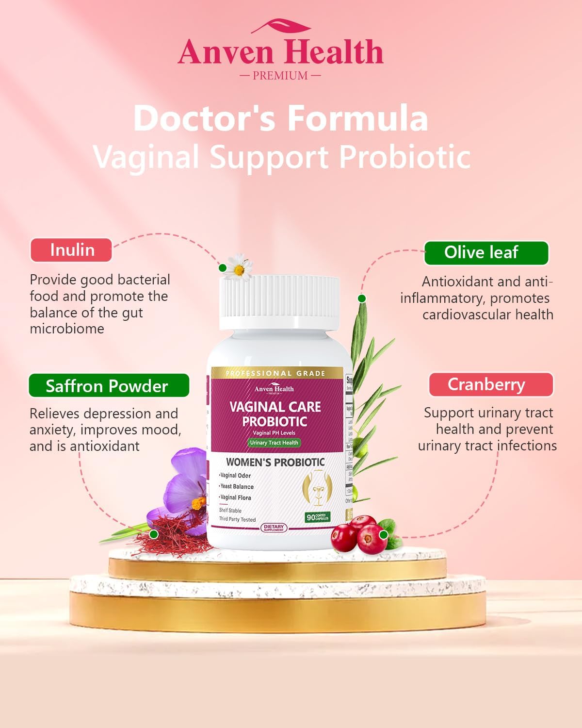 Women's Vaginal Probiotics - 60 Billion Probiotic Capsules for Vaginal Health, Yeast, Gut, and Digestive Health with Saffron, Cranberry, and Olive Leaf Extracts | 270 Capsules