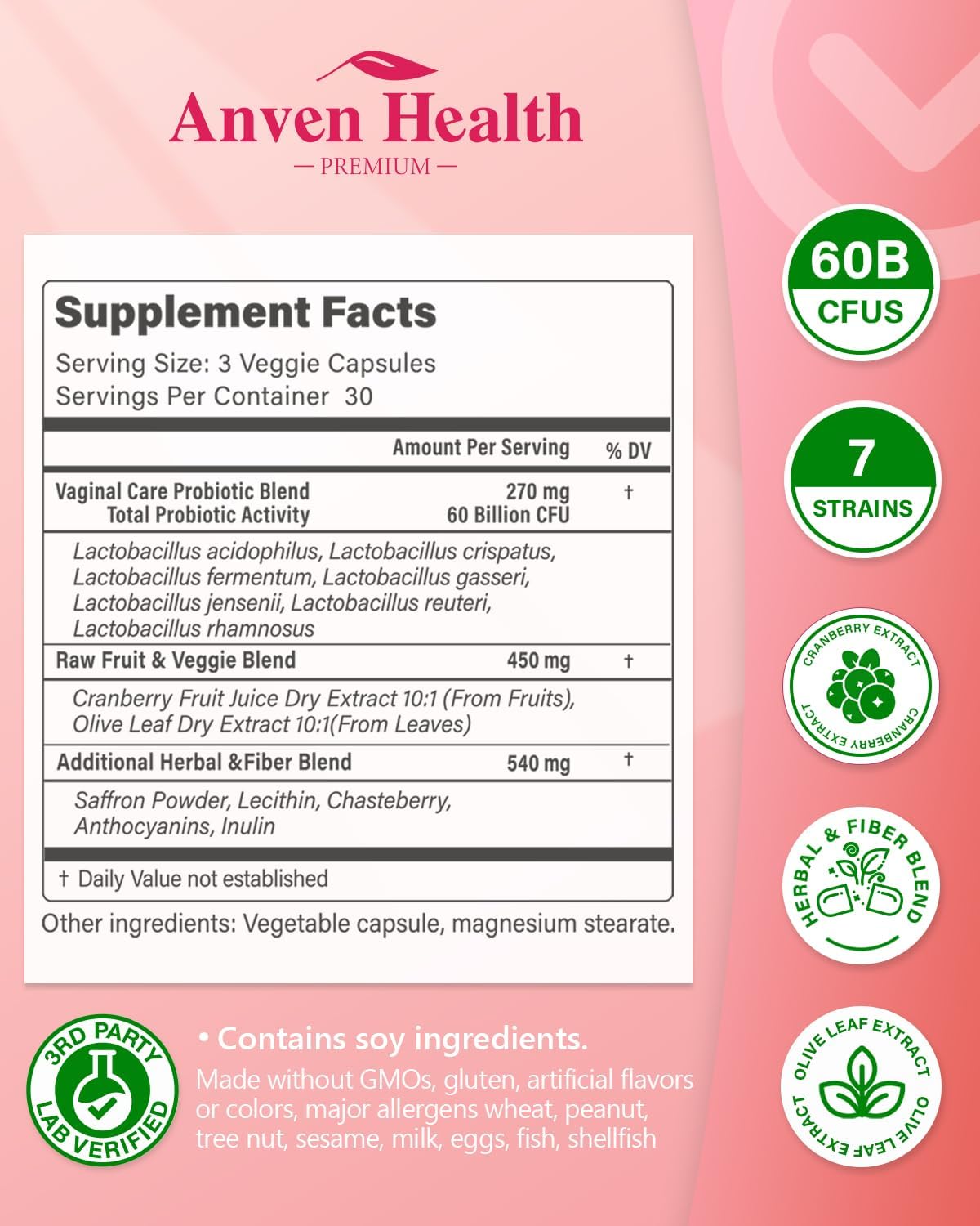 Women's Vaginal Probiotics - 60 Billion Probiotic Capsules for Vaginal Health, Yeast, Gut, and Digestive Health with Saffron, Cranberry, and Olive Leaf Extracts | 270 Capsules