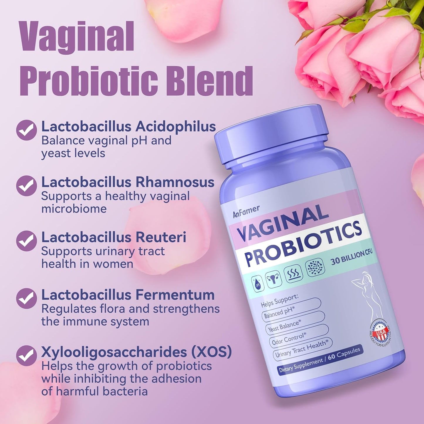 Women's Vaginal Probiotics with Prebiotics, Promotes pH Balance & Urinary Tract Health, Lactobacillus Probiotic Blend - 60 Capsules