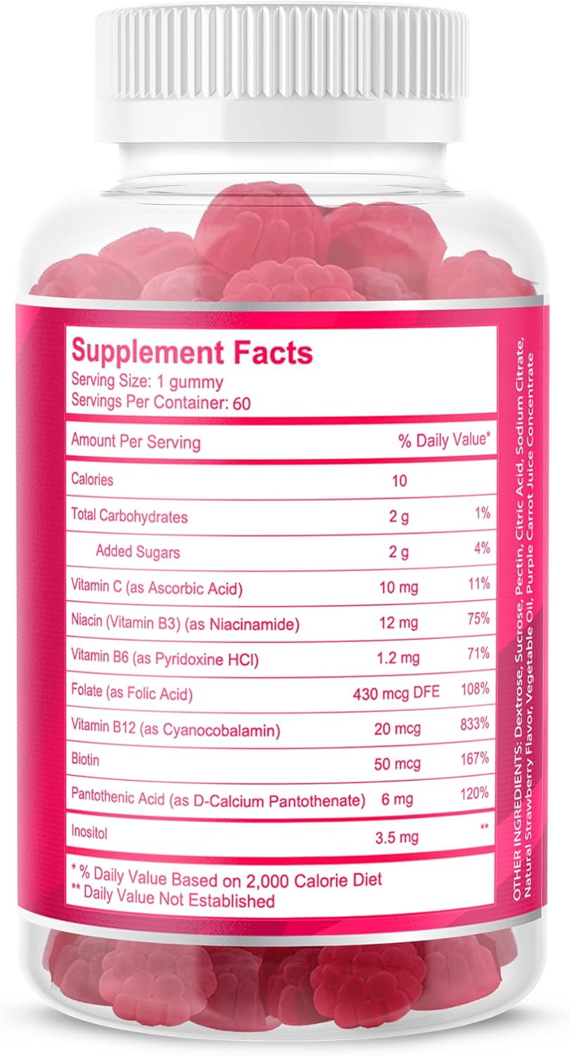 Women's Vegan Vitamin B Complex Gummies with B12, Biotin, Niacin, Pantothenic Acid, Folate - Energy & Immune Support (1 Pack)