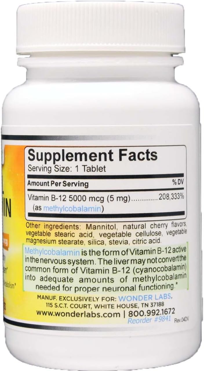 Wonder Laboratories High Potency Methylcobalamin Vitamin B-12 Sublingual 5,000mcg - 120 Tablets, 3rd Party Tested for Purity