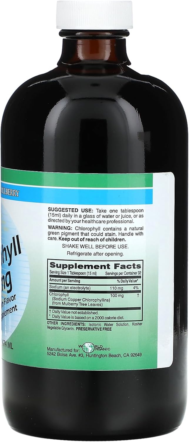 WORLD ORGANIC Liquid Chlorophyll 100mg with Mullberry Extract - 0.02 Pound Bottle