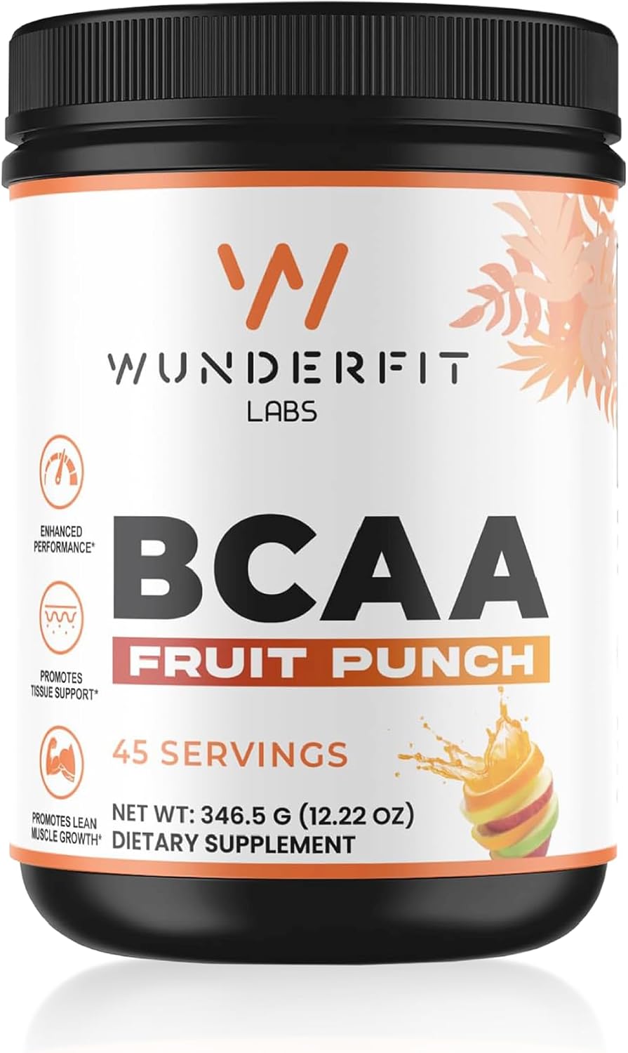 Wunderfit Labs BCAA Fruit Punch Powder - 45 Servings for Muscle Recovery and Energy Boost