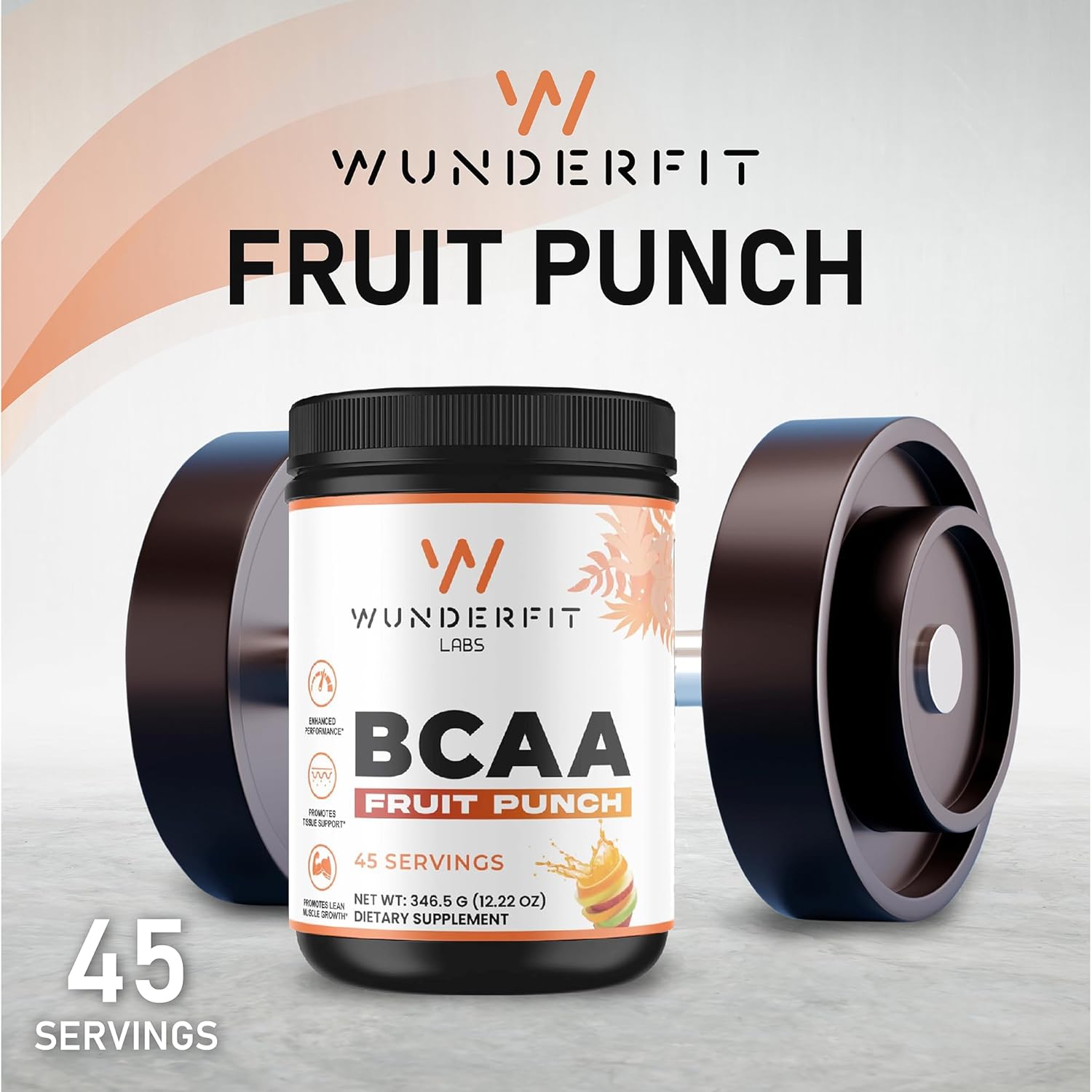 Wunderfit Labs BCAA Fruit Punch Powder - 45 Servings for Muscle Recovery and Energy Boost