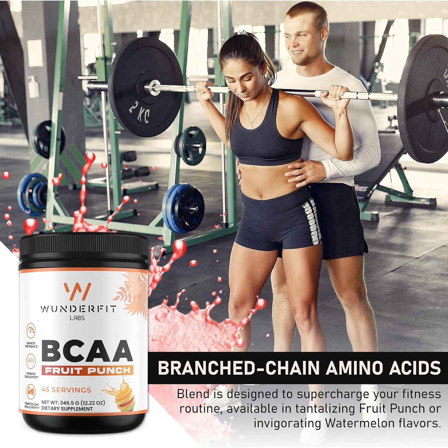 Wunderfit Labs BCAA Fruit Punch Powder - 45 Servings for Muscle Recovery and Energy Boost