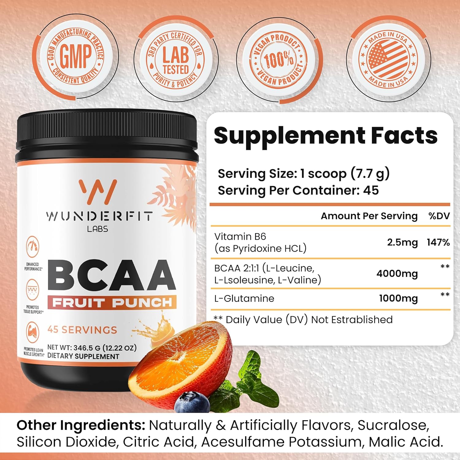 Wunderfit Labs BCAA Fruit Punch Powder - 45 Servings for Muscle Recovery and Energy Boost